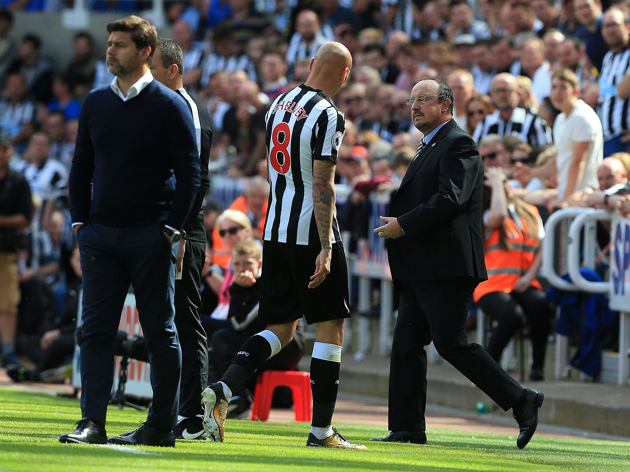 Jonjo Shelvey was shown a red card for stamping on Dele Alli as Newcastle lost 2-0 to Spurs