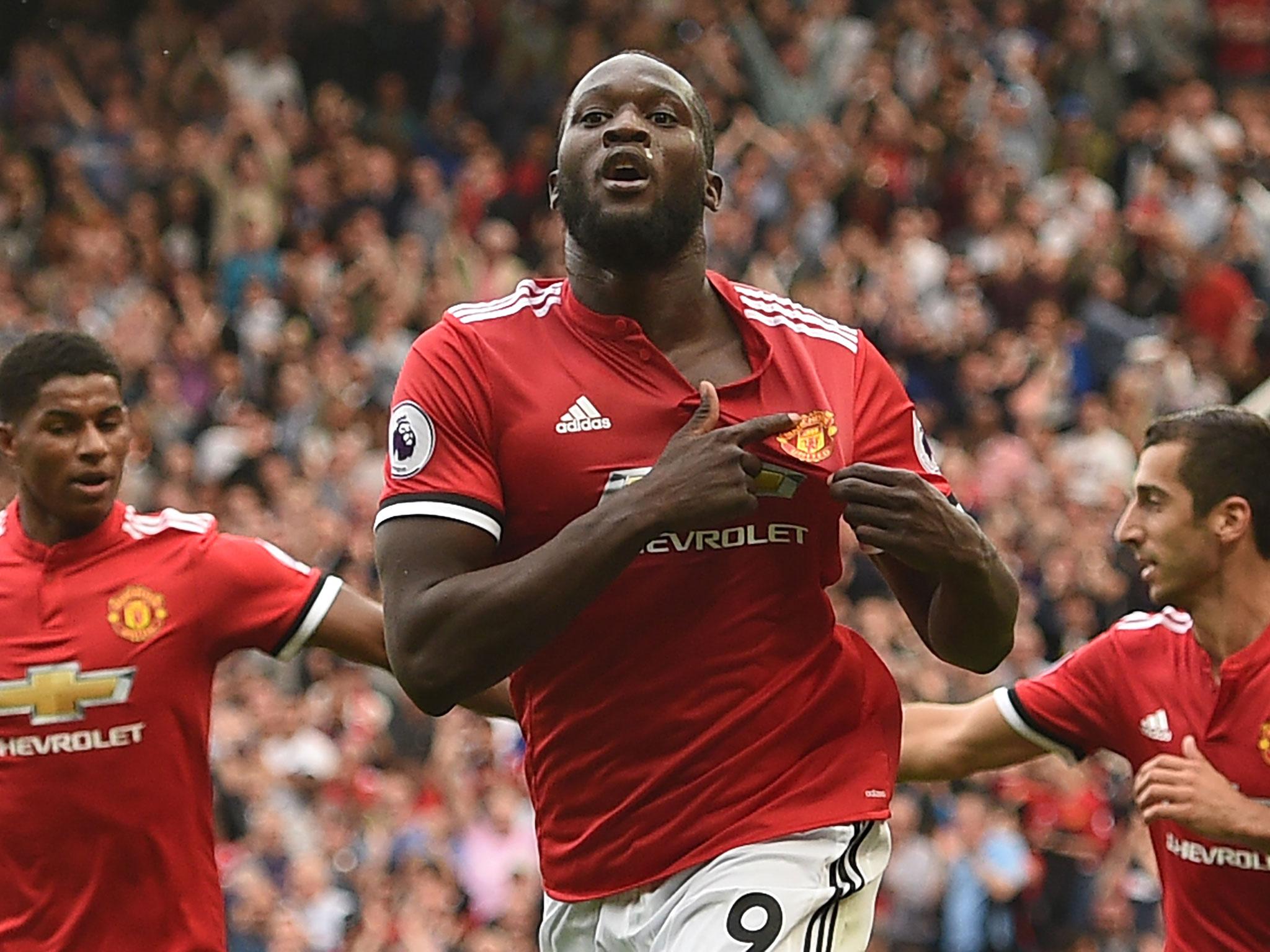 Romelu Lukaku celebrates scoring his first Premier League goal for Manchester United