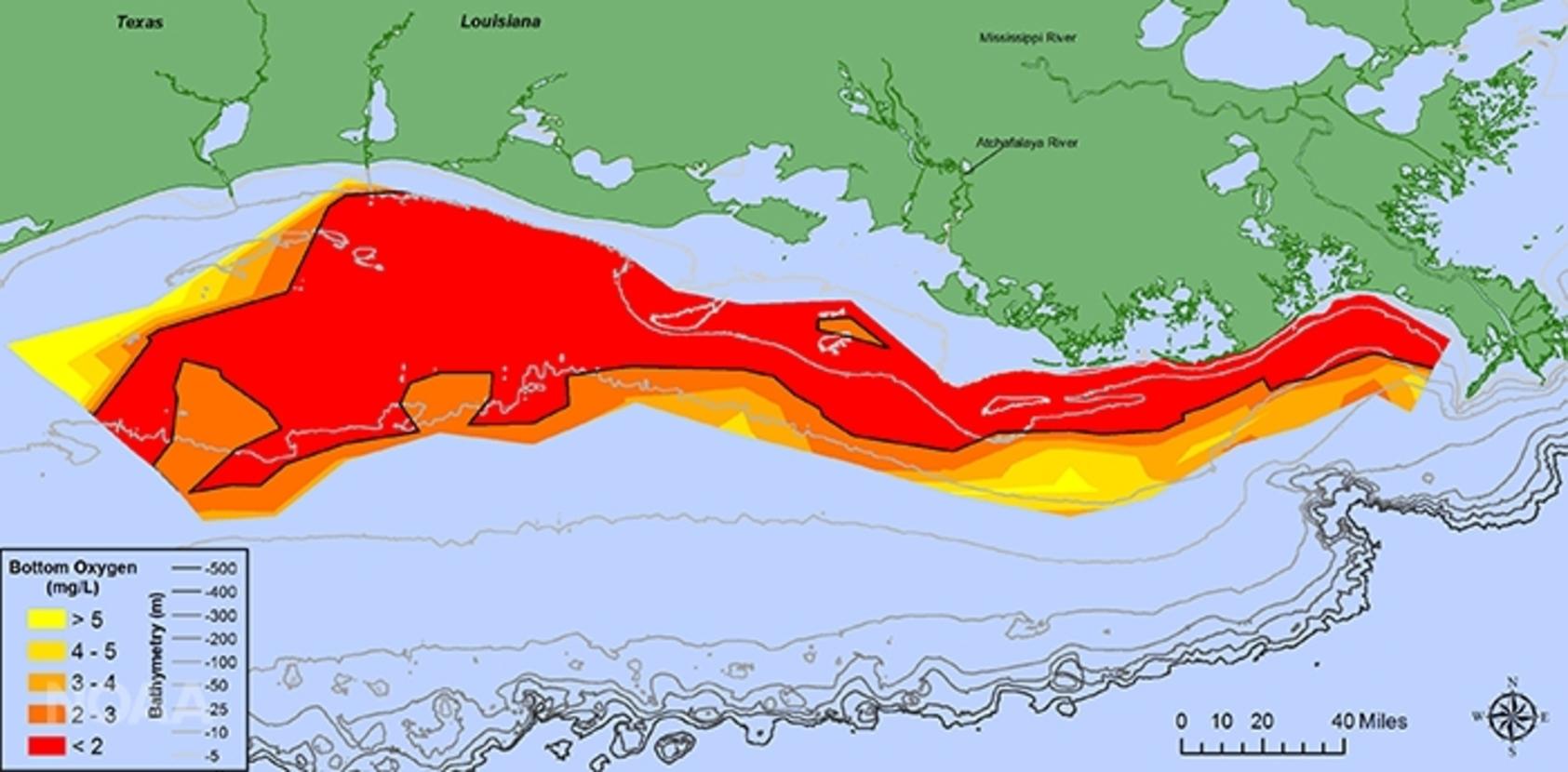 Gulf of Mexico dead zone, July 2017. The map shows an area spanning nearly 400 miles (643km)