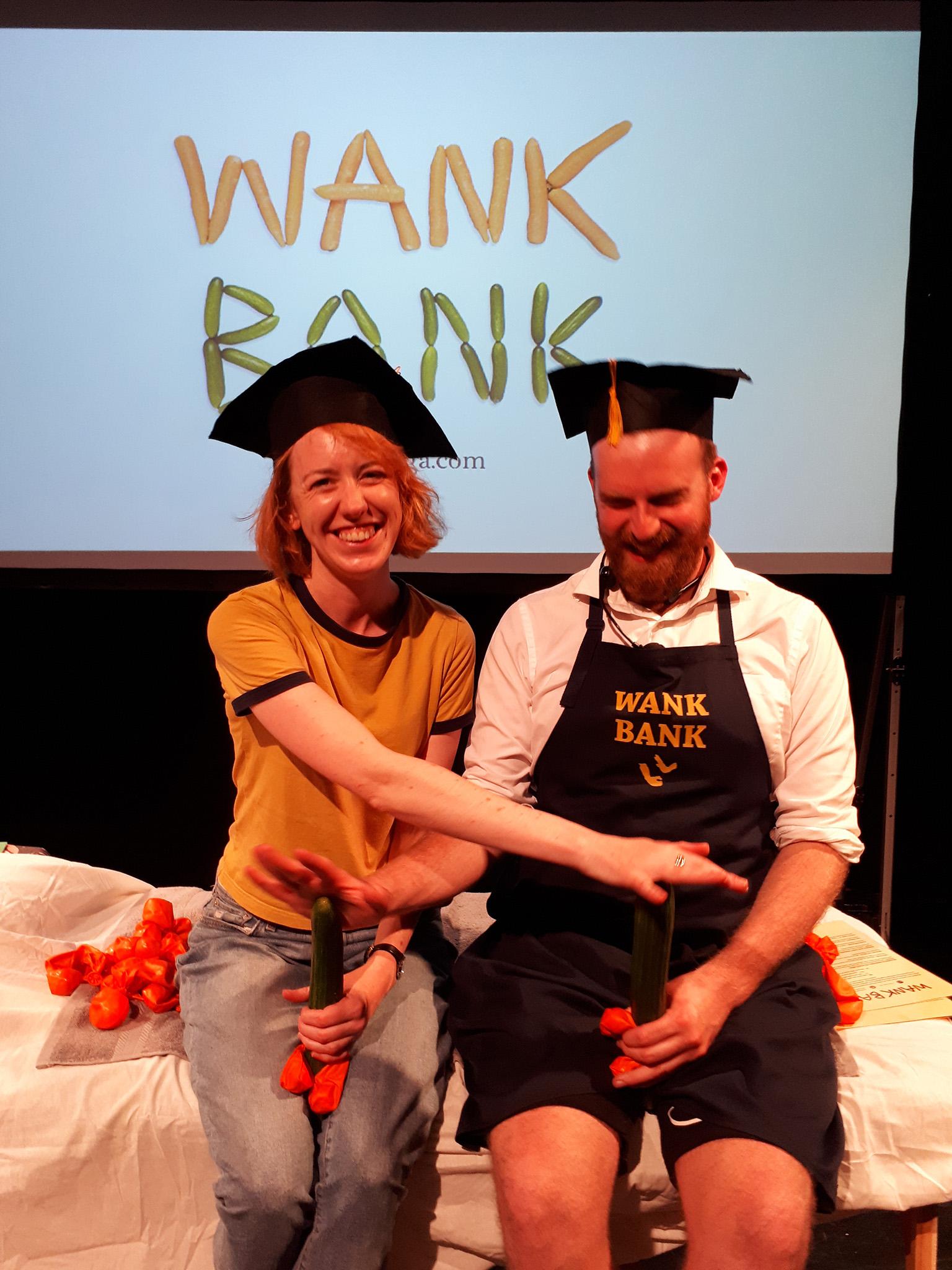 Holly Williams (left) takes part in Adam Seymour's (right) interactive show 'Wank Bank Masterclass' at the Edinburgh Fringe