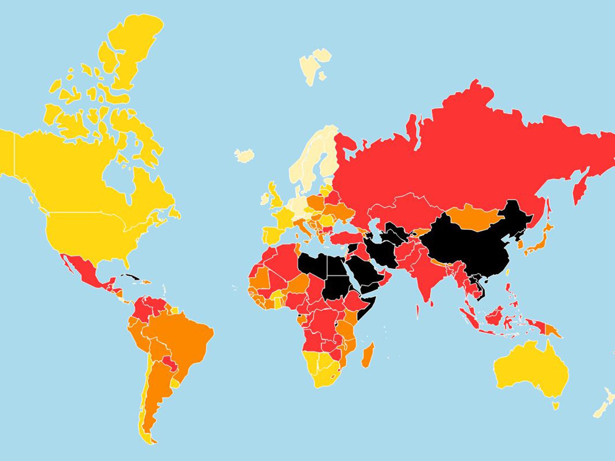 The map shows the countries with the freest press in light yellow and the countries where there is a "very serious situation" regarding freedom of information in black