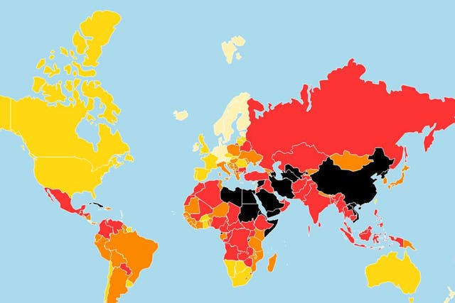 The map shows the countries with the freest press in light yellow and the countries where there is a "very serious situation" regarding freedom of information in black