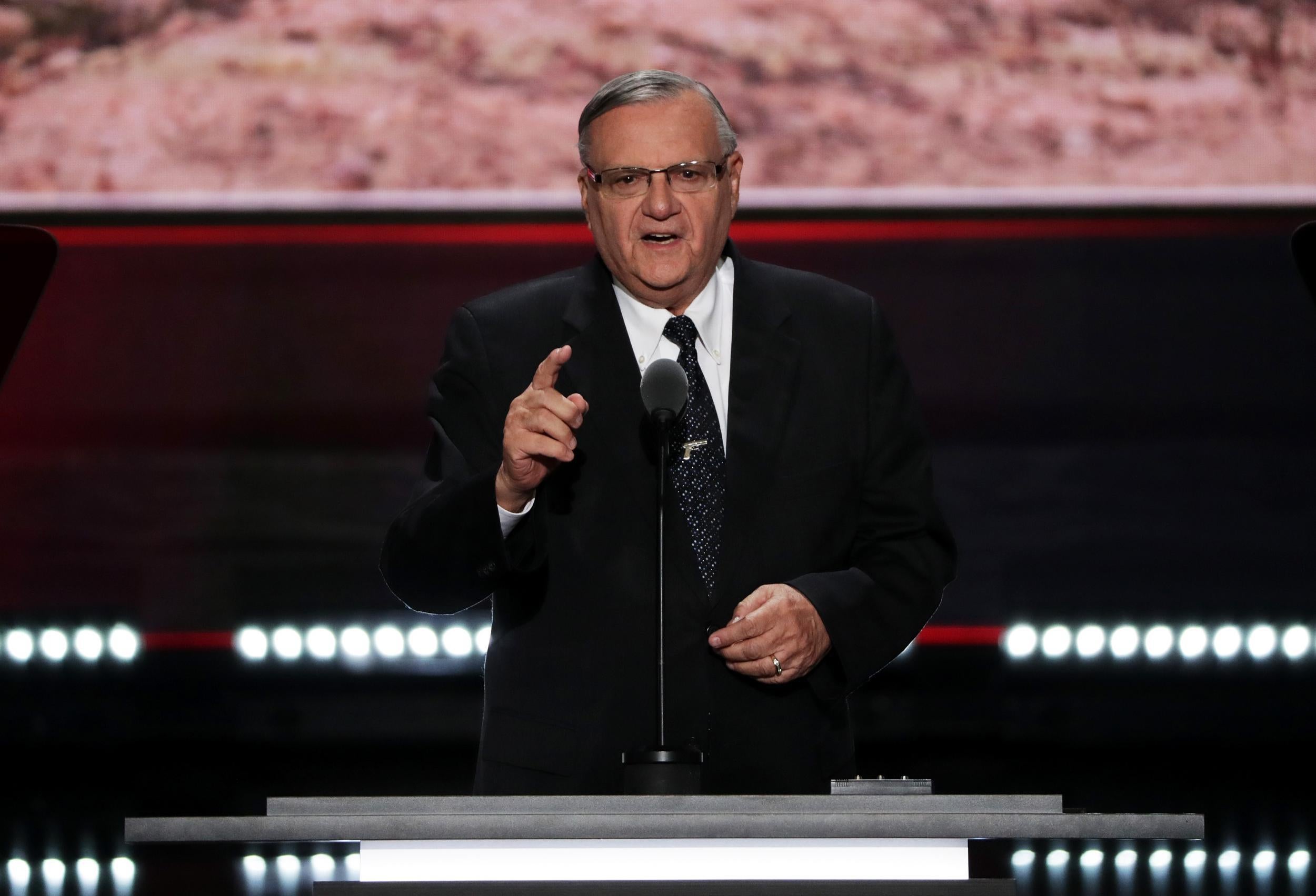 Maricopa County Sheriff Joe Arpaio gestures to the crowd as he delivers a speech on the fourth day of the Republican National Convention