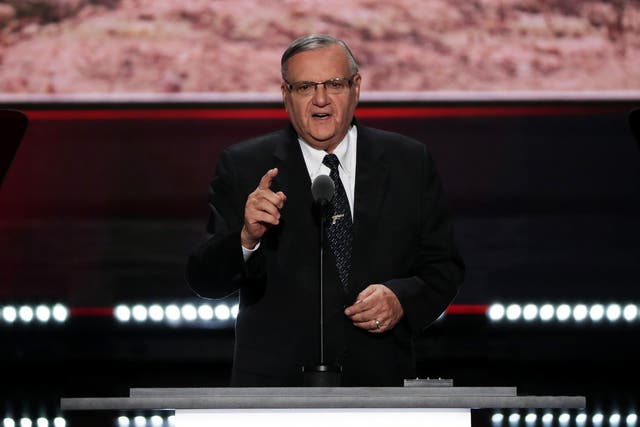 Maricopa County Sheriff Joe Arpaio gestures to the crowd as he delivers a speech on the fourth day of the Republican National Convention