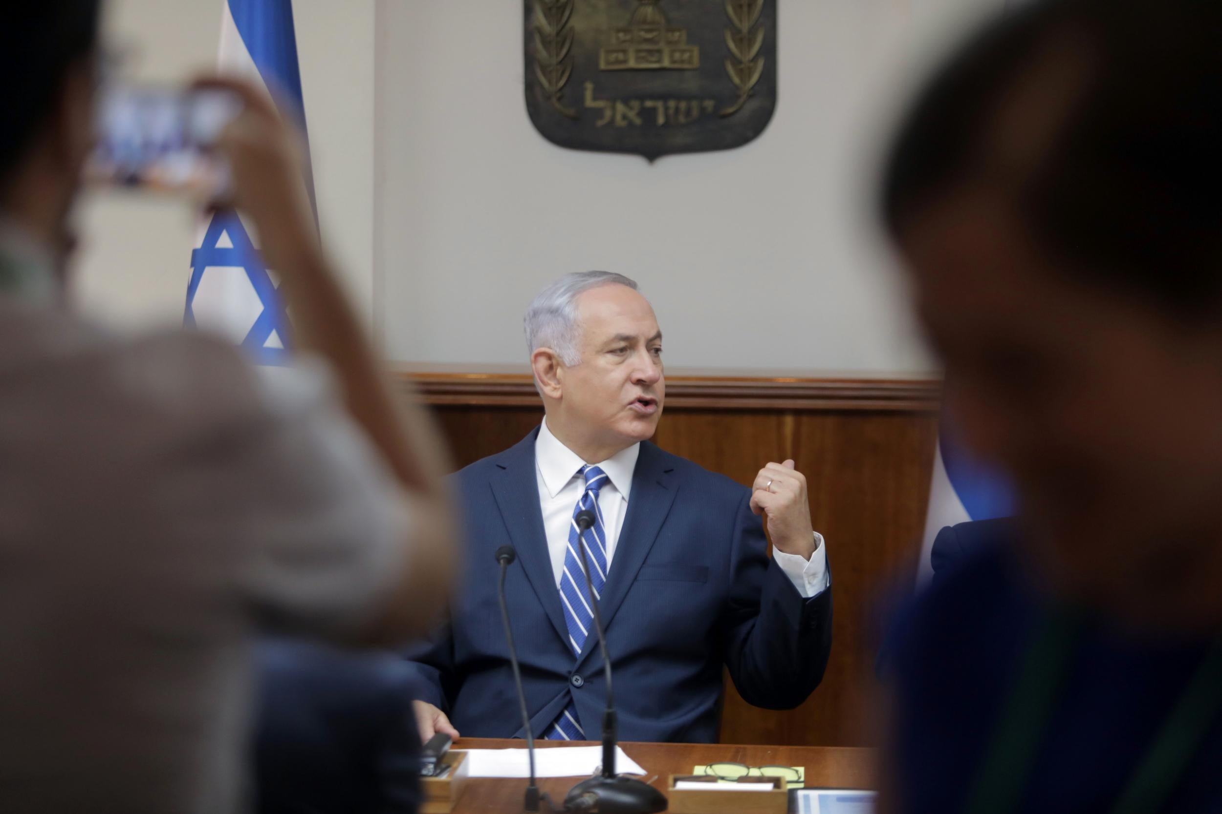 Israeli Prime Minister Benjamin Netanyahu attends the weekly cabinet meeting at his office in Jerusalem on 13 August 2017