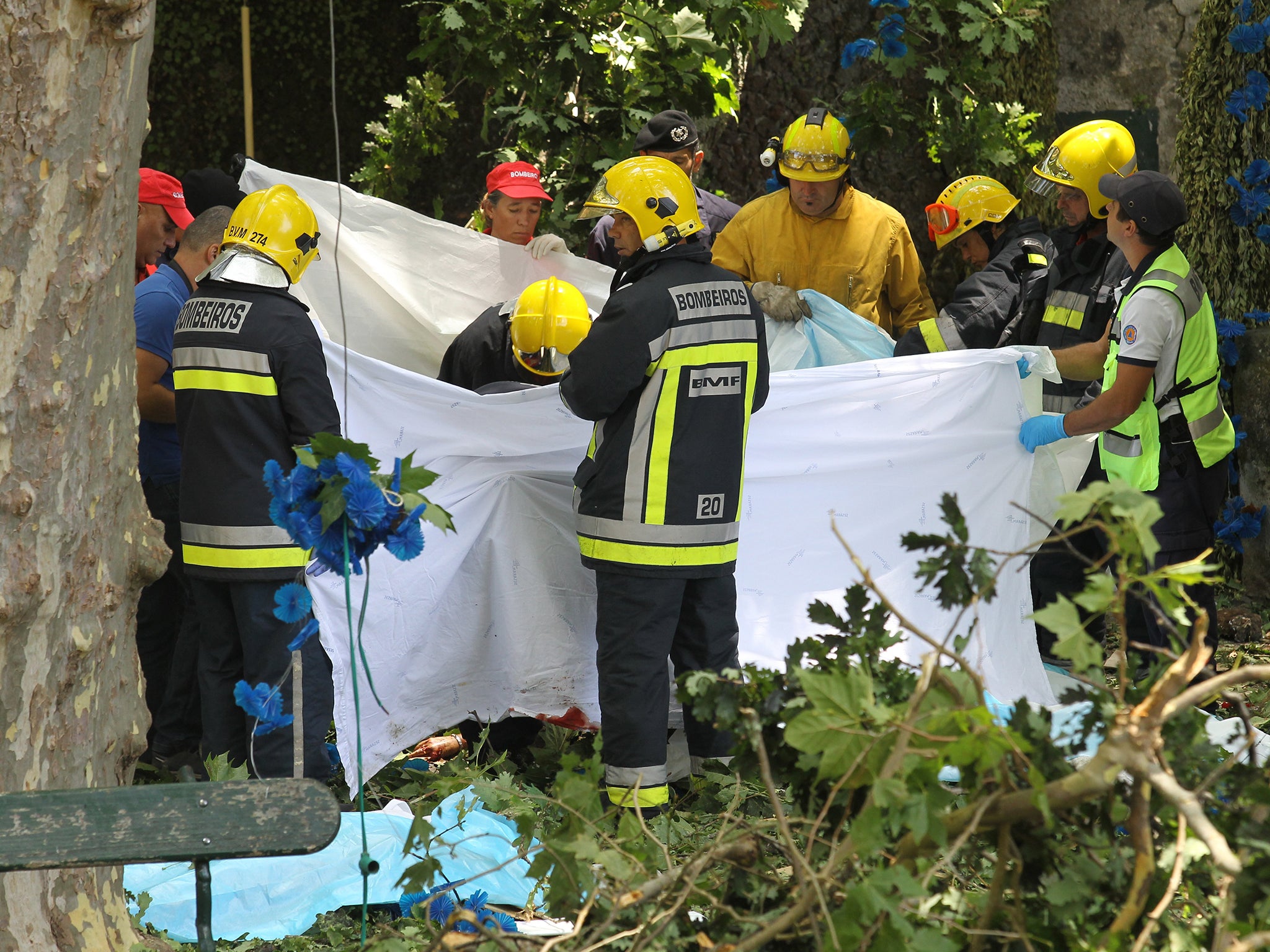 Firemen and emergency workers secure the site where a large tree fell and injured several people in Largo da Fonte, in the parish of Monte, on the Madeira island