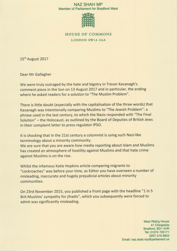 MPs' letter to the Sun newspaper