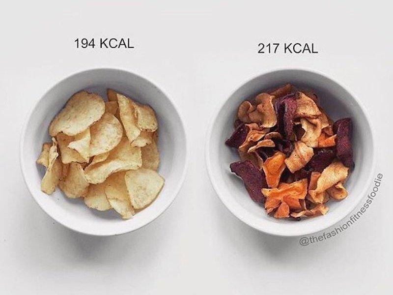 The salt and vinegar chips on the left actually have fewer calories than the veggie chips on the right.