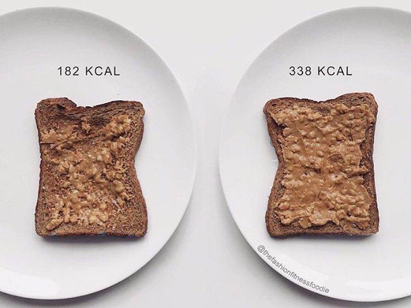 These pieces of toast are both made with peanut butter; the one on the right just has much more.