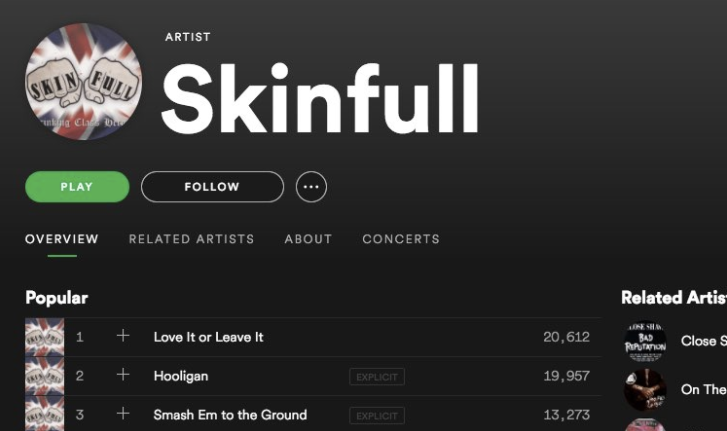UK-based band Skinfull on Spotify, a group that has been identified as a hate band by the Southern Poverty Law Center