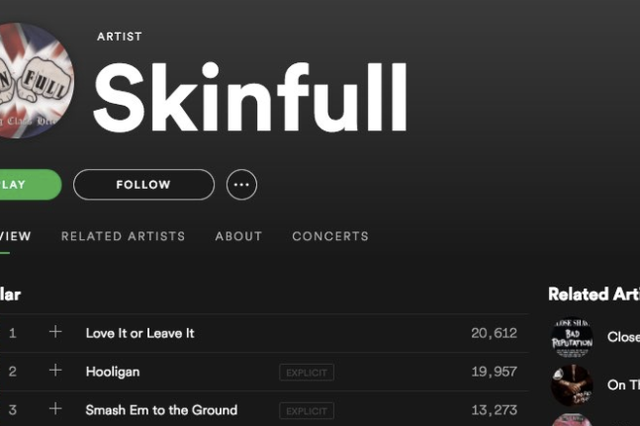 UK-based band Skinfull on Spotify, a group that has been identified as a hate band by the Southern Poverty Law Center