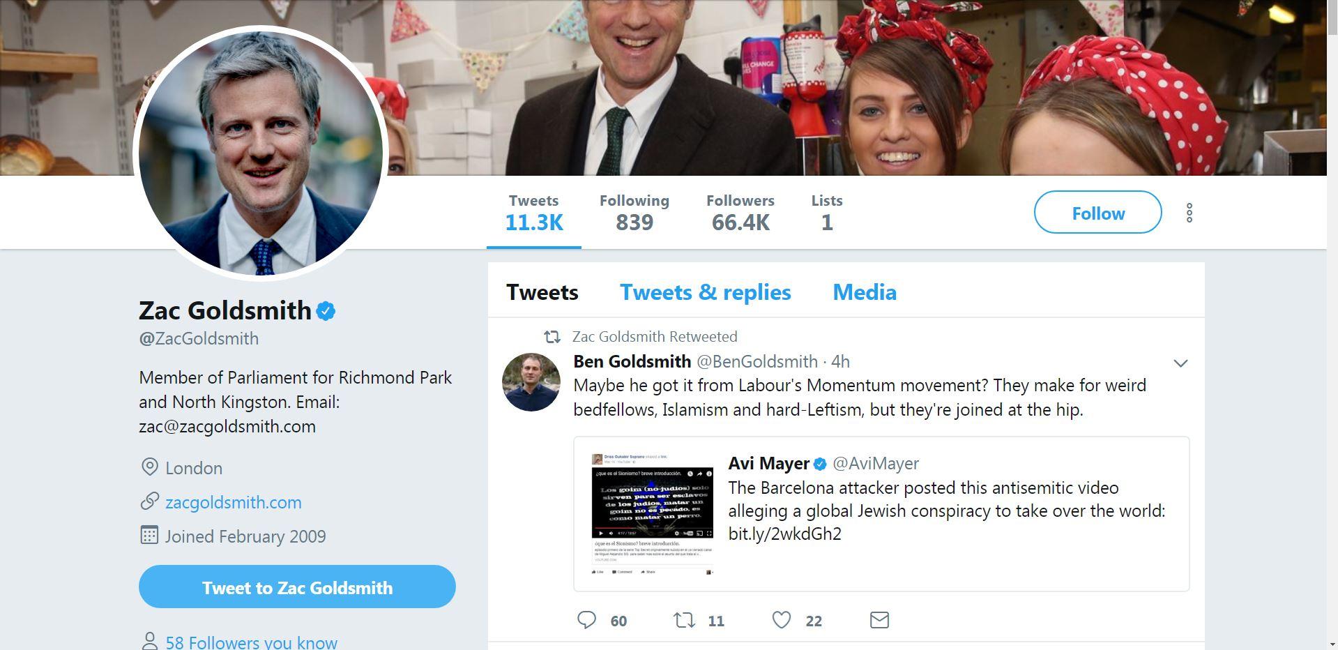 Mr Goldsmith retweeted his brother, Ben, on his social media account
