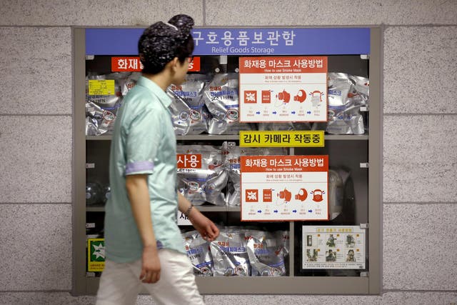 A relief goods storage inside a subway station which is used as a shelter for emergency situation in Seoul, South Korea