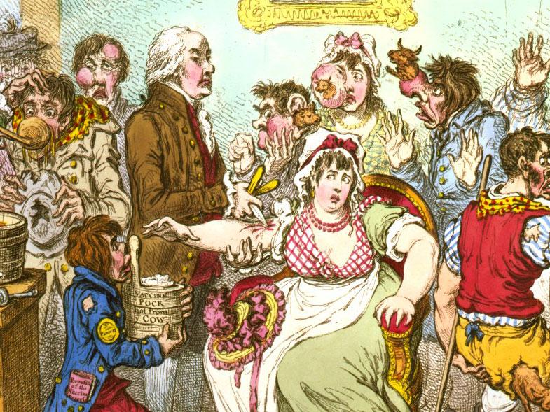 Edward Jenner administers a vaccine in James Gillray's 1802 caricature of patients who feared it would make them sprout cow-like appendages