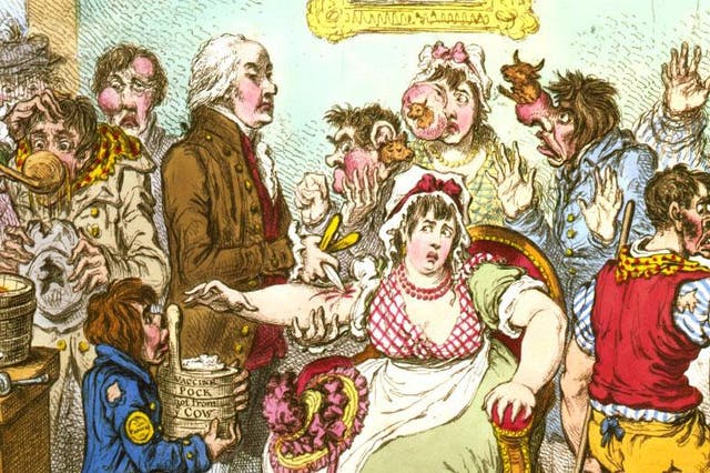 Edward Jenner administers a vaccine in James Gillray's 1802 caricature of patients who feared it would make them sprout cow-like appendages