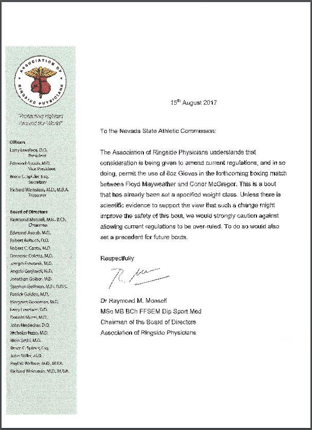 The letter sent from the Association of Ringside Physicians to the NSAC