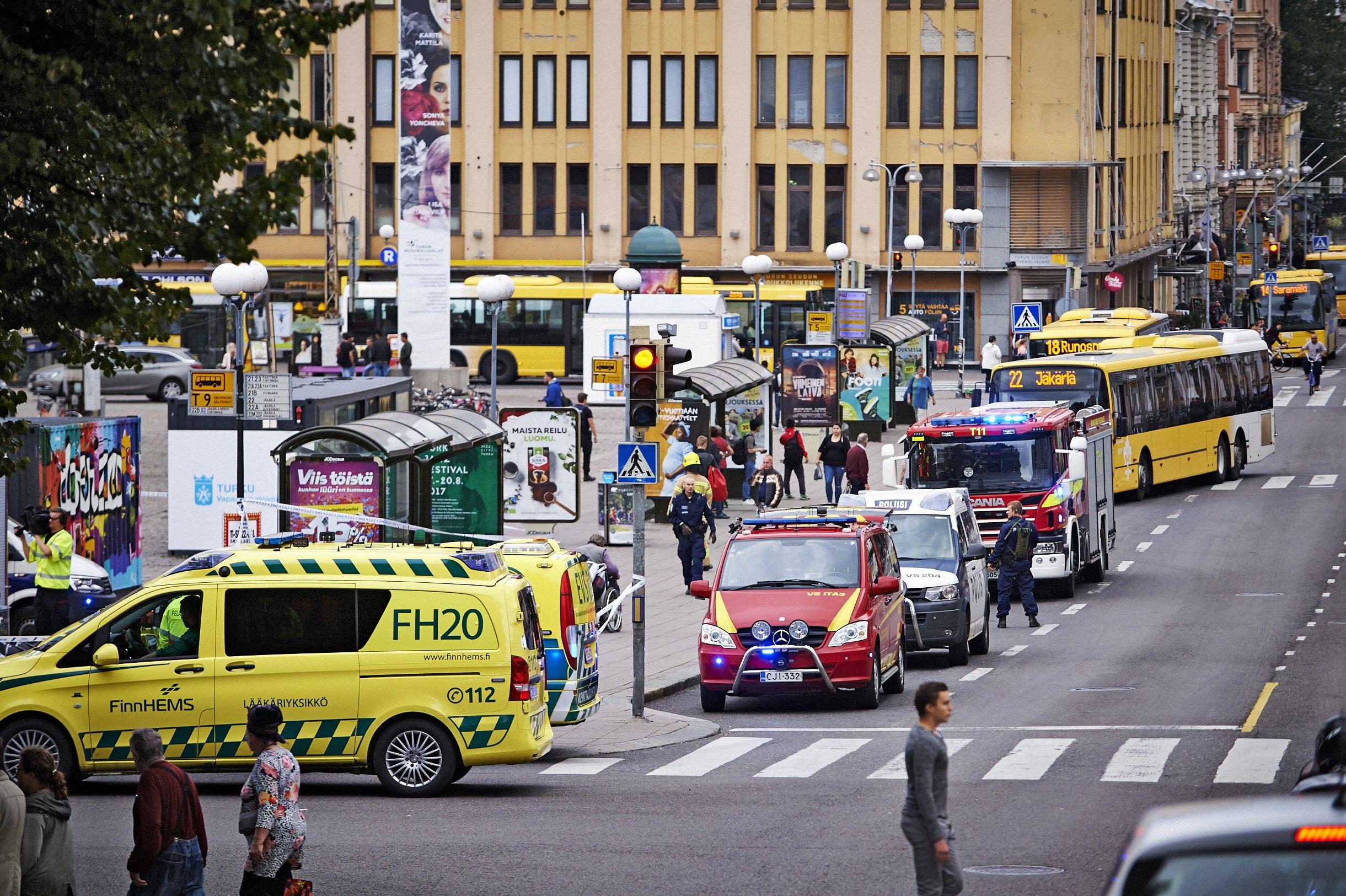 Emergency services gathered following multiple stabbings in Turku's market square