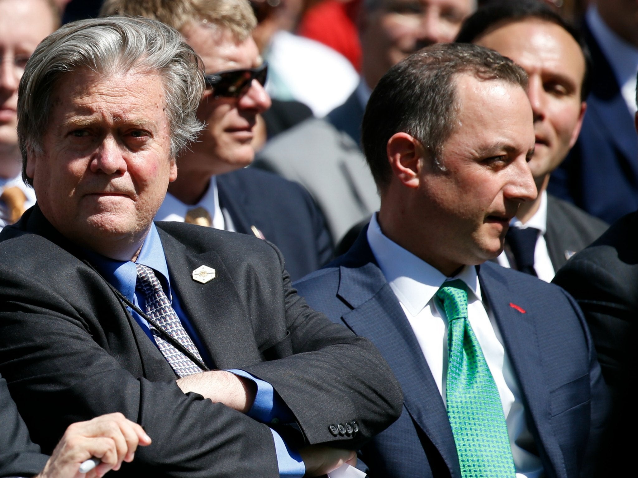 Then-White House Chief Strategist Stephen Bannon and then-Chief of Staff Reince Priebus (R) in Washington on June 1, 2017. Two months later, both have lost those jobs.