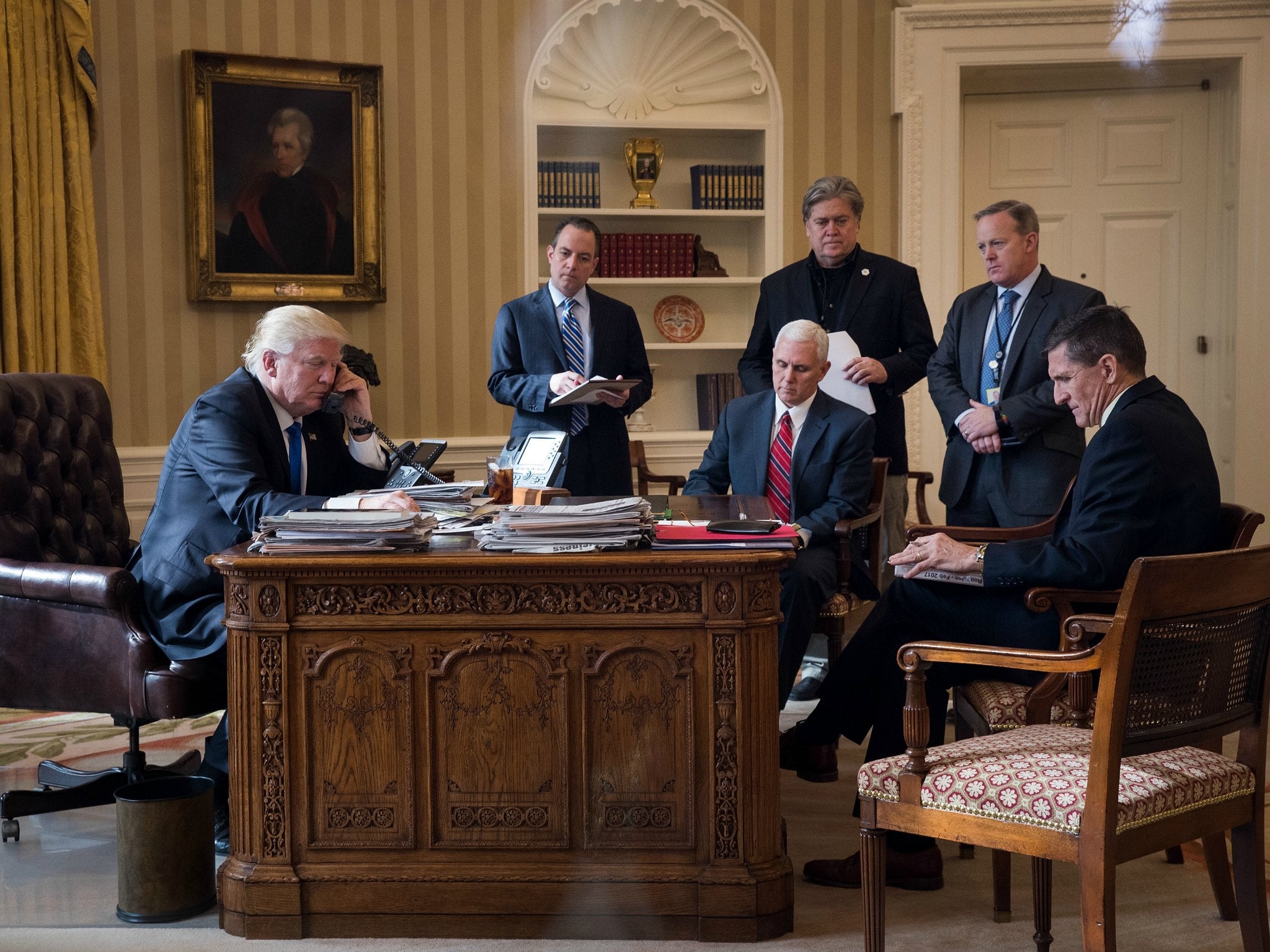 Of the President’s men, only Mike Pence survives from this photograph with, from left, Reince Priebus, Steve Bannon, Sean Spicer and Michael Flynn