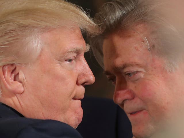 Donald Trump and then-strategist Steve Bannon, who returned to Breitbart the day after leaving the White House, on January 22, 2017