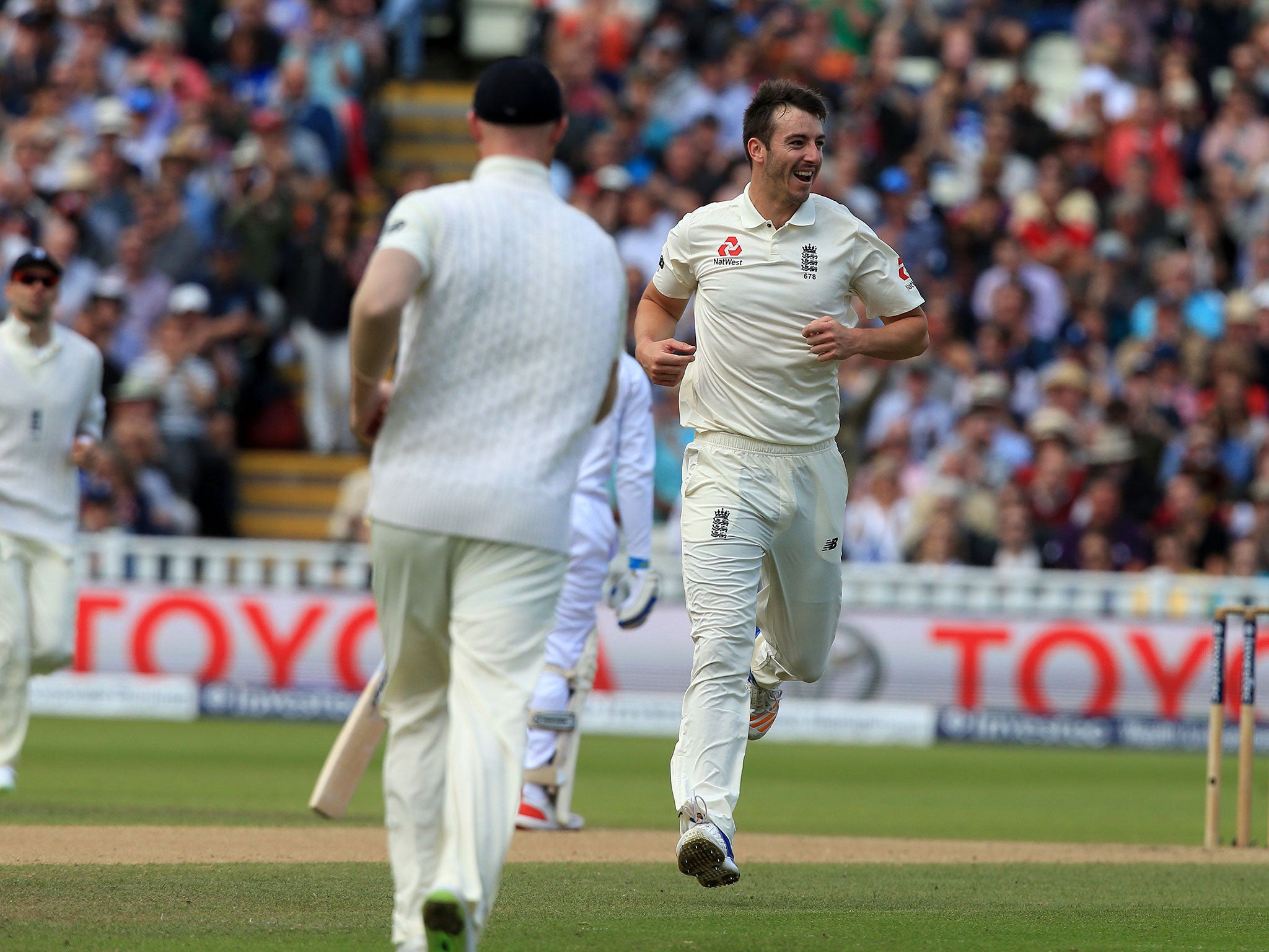 Toby Roland-Jones celebrates after bowling Shai Hope