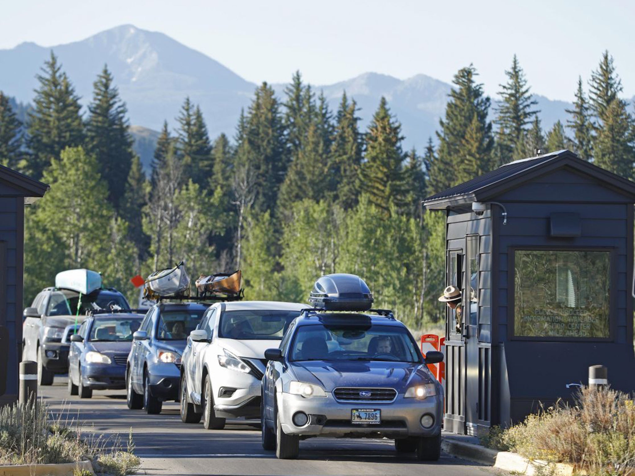 Cars entering the Grand Teton National Park in Jackson, Wyoming
