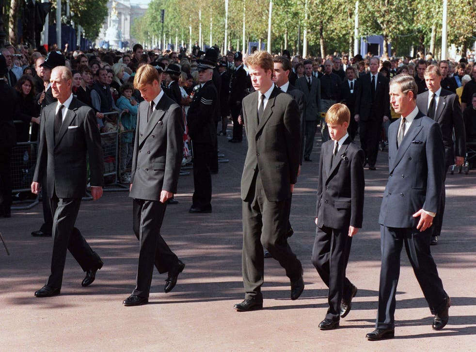 (Left to right) The Duke of Edinburgh, Prince William, Earl Spencer, Prince Harry and the Prince of Wales walk behind the coffin of Diana during her funeral procession to Westminster Abbey on September 6, 1997