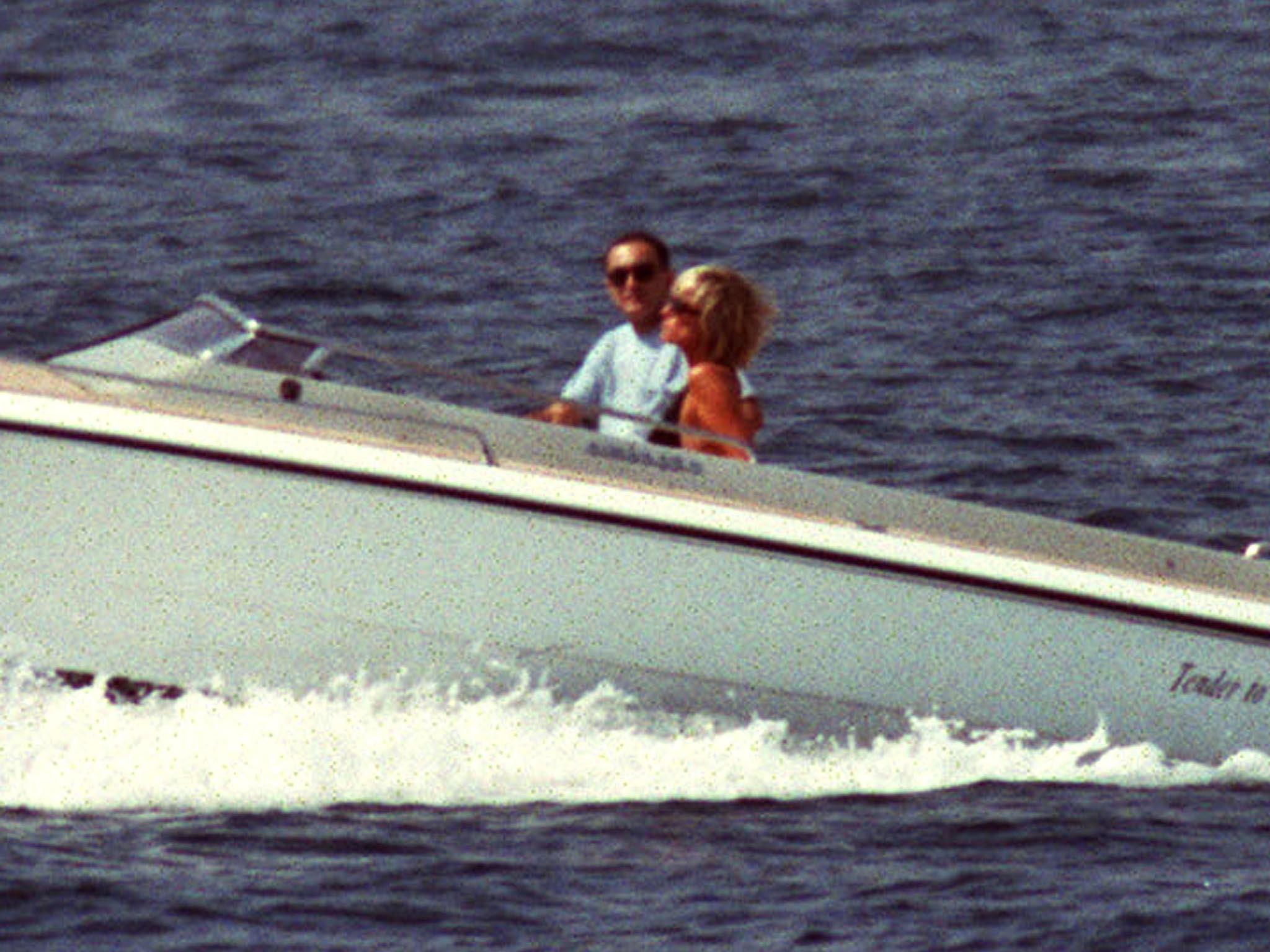 Diana, Princess of Wales, and Egyptian businessman Dodi Al Fayed cruise off the coast of Saint Tropez, southern France, on 22 August 1997