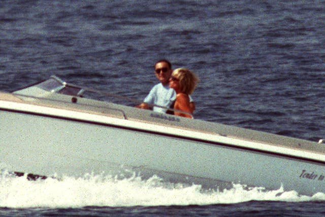 Diana, Princess of Wales, and Egyptian businessman Dodi Al Fayed cruise off the coast of Saint Tropez, southern France, on 22 August 1997