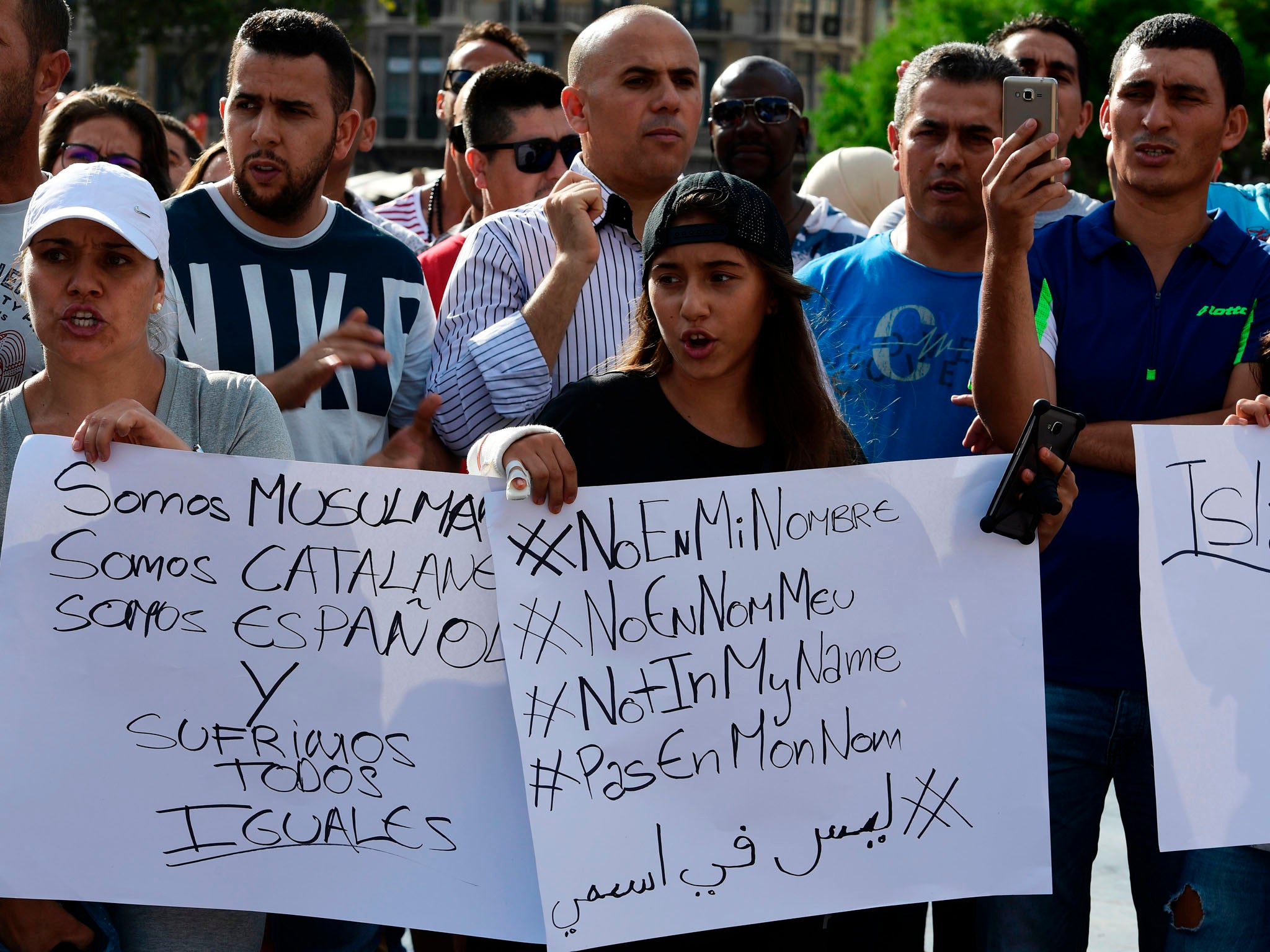 Muslim residents in Barcelona march along Las Ramblas to the Plaza de Catalunya to protest against terrorism