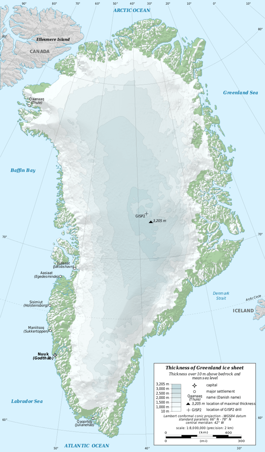 Most of Greenland is covered by more than a kilometre of ice