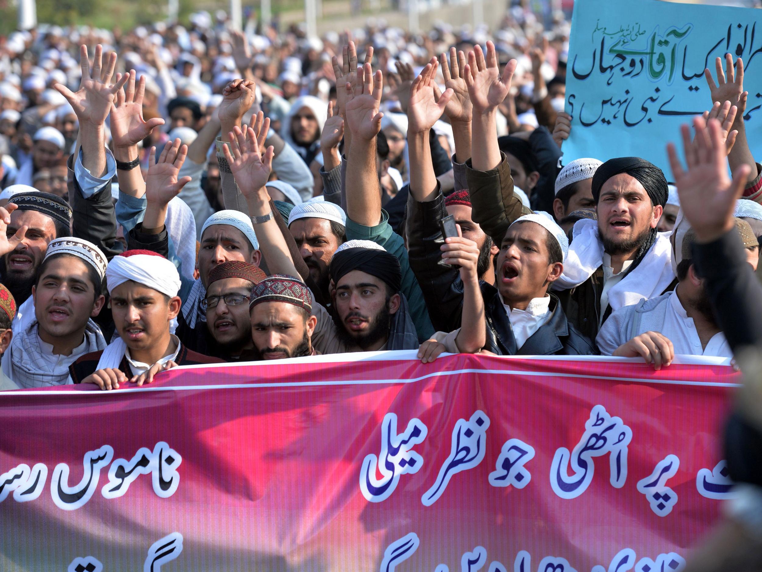 Pakistani religious students protest against blasphemy earlier this year