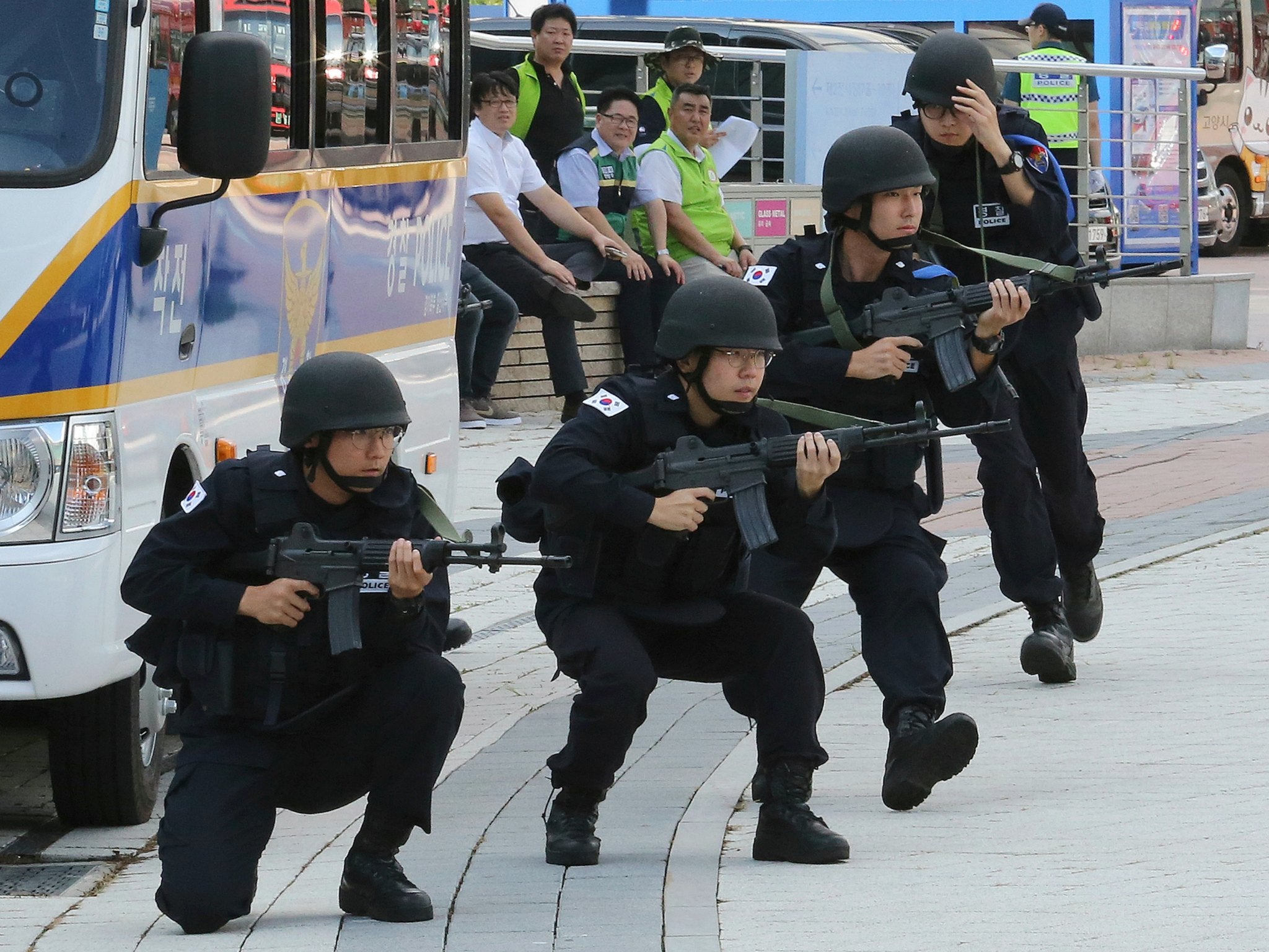 South Korean police officers participate in the Ulchi Freedom Guardian exercise, in Goyang, South Korea on Aug. 21, 2017.