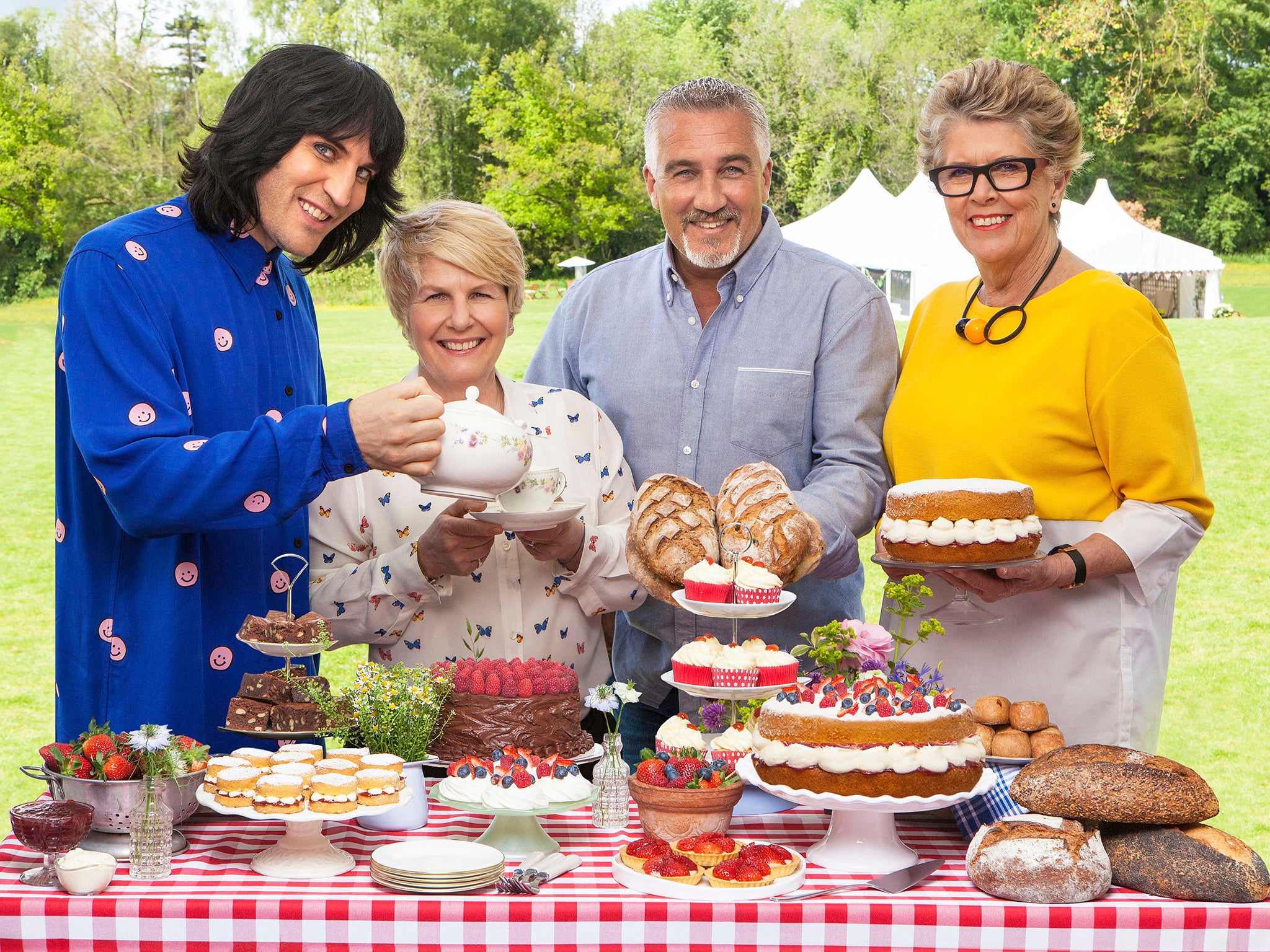 The judges and presenters of The Great British Bake Off 2017 (left to right) Noel Fielding, Sandi Toksvig, Paul Hollywood and Prue Leith