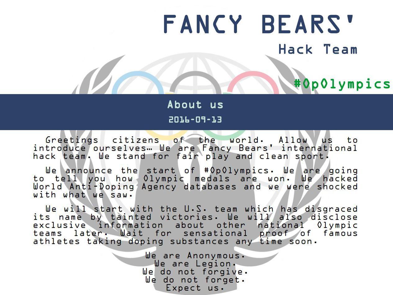 Fancy Bears describe themselves as an “international hack team” who “stand for fair play and clean sport”