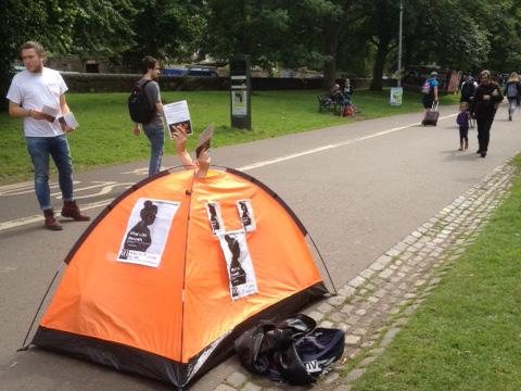 In a last minute dash for an audience, one show has pitched a pop-up tent to hand out flyers through the roof