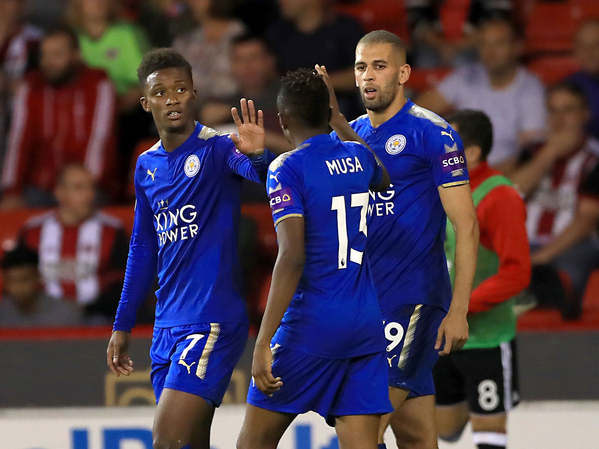 Demarai Gray celebrates scoring his side's first goal
