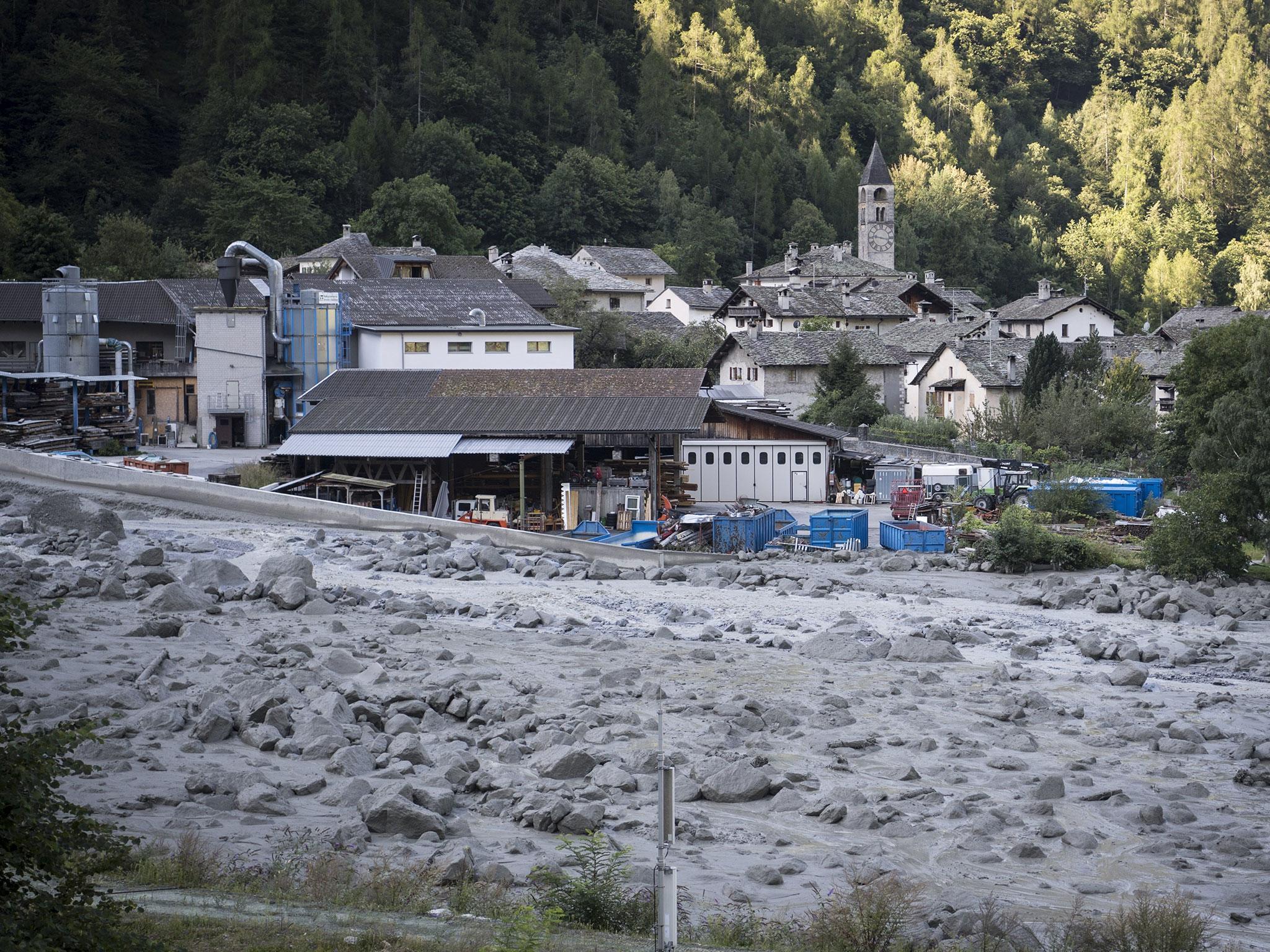 A view of a landslide and the village Bondo in Graubuenden in southeast Switzerland
