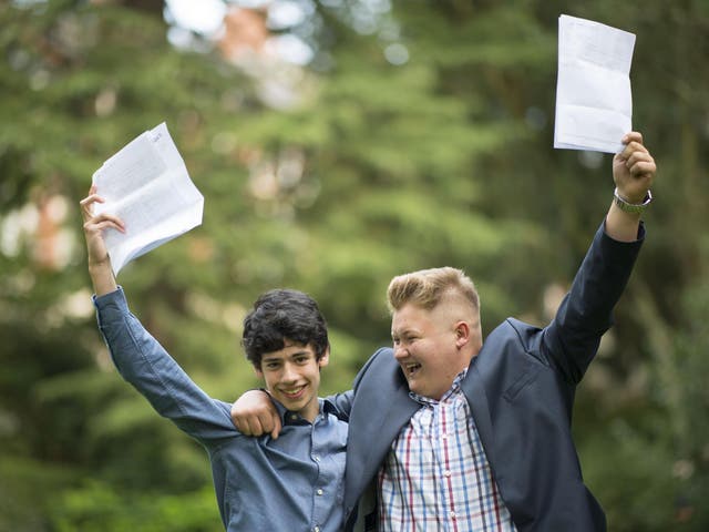Matthew Lawrence (left) and Scott Jenkins celebrate after receiving their GCSE results at Ffynone House School in Swansea
