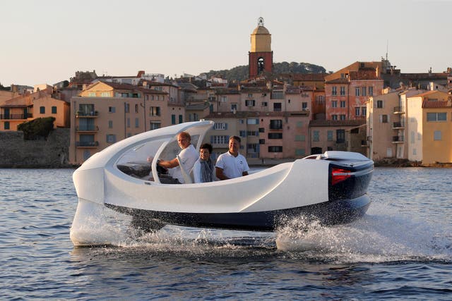 Founders of SeaBubbles, seen aboard a prototype of their water taxi in the harbour of Saint-Tropez, rue the red tape surrounding businesses in France 