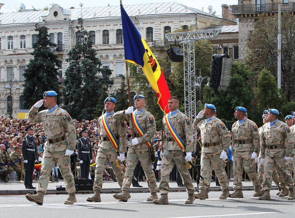 Nato servicemen marching a military parade in Kiev on Ukrainian independence day