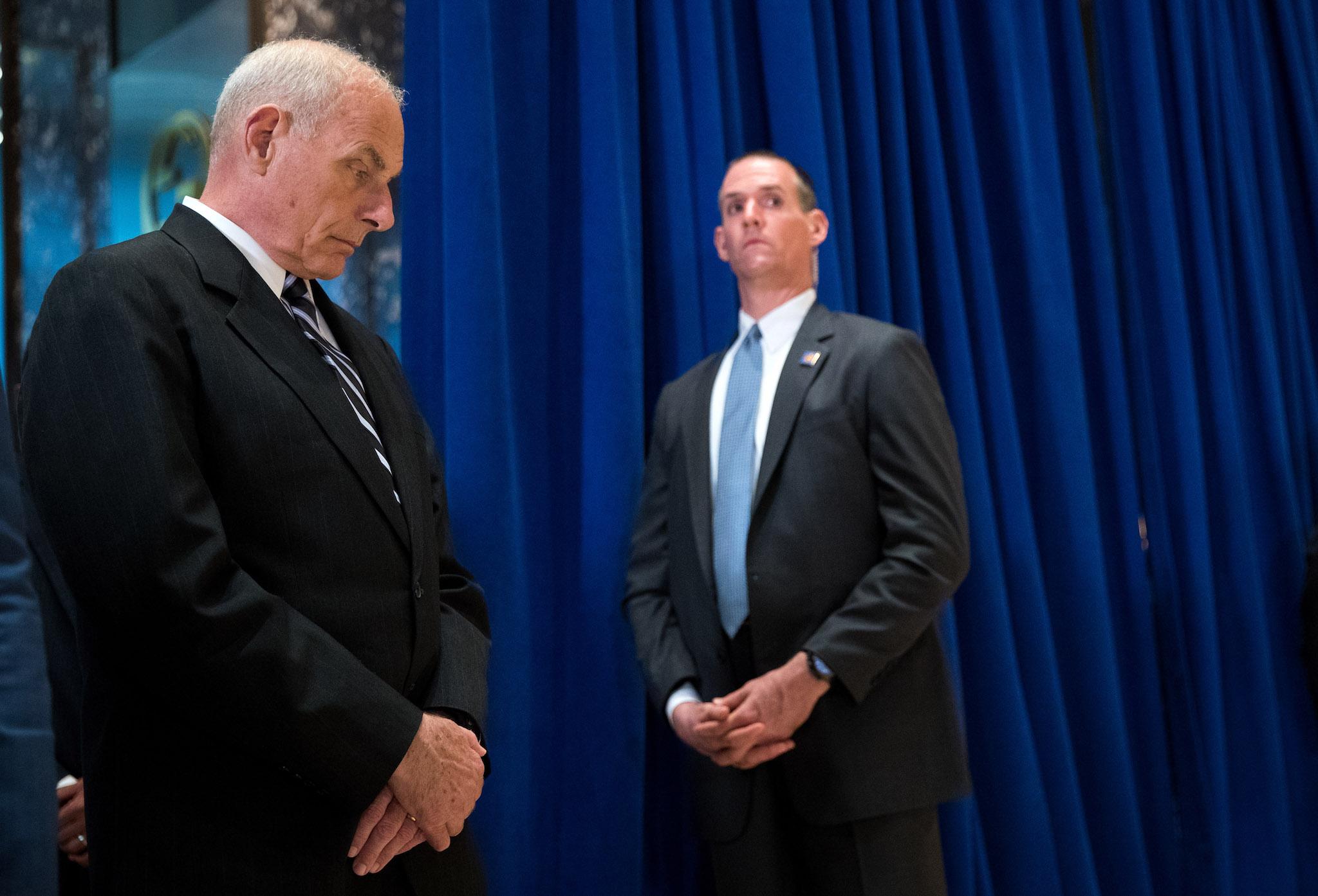 White House Chief of Staff Gen. John Kelly looks on as US President Donald Trump speaks following a meeting on infrastructure