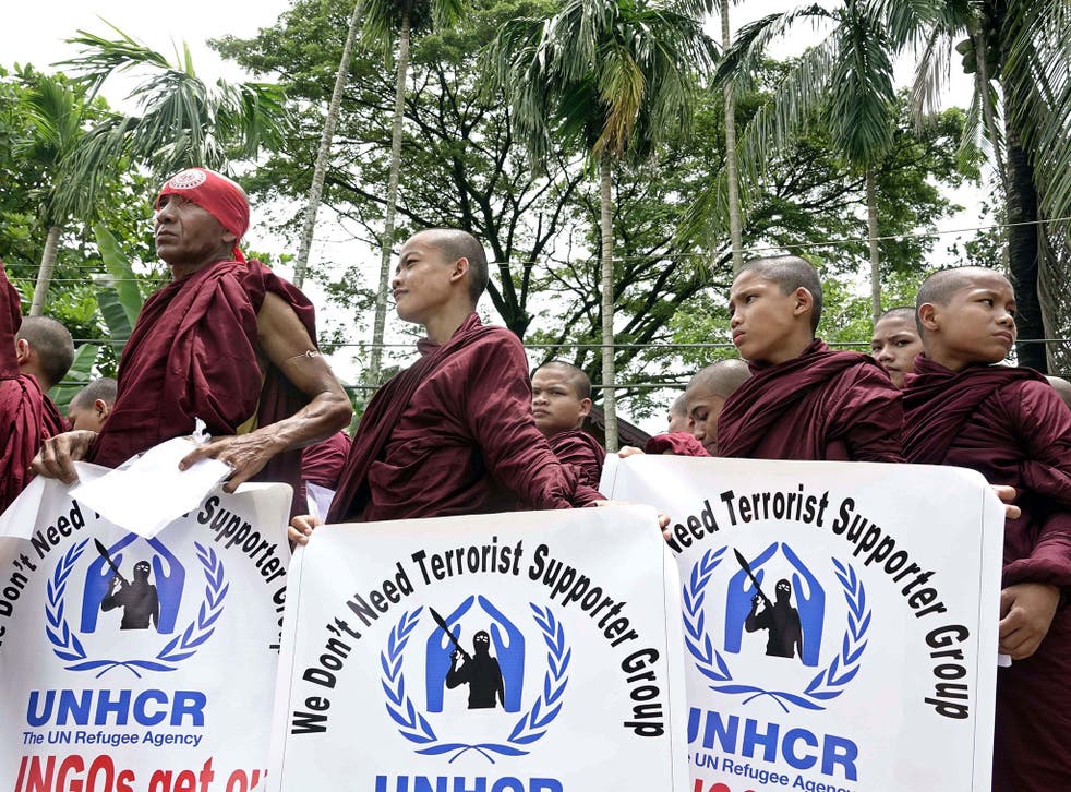 Buddhist monks protest against the interference of UN and NGOs in Sittwe, Rakhine State