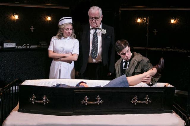 Sinead Matthews, Ian Redford and Sam Frenchum in 'Loot' at London's Park Theatre