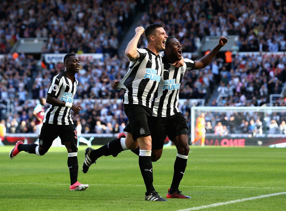 Ciaran Clark celebrates scoring Newcastle's second goal 