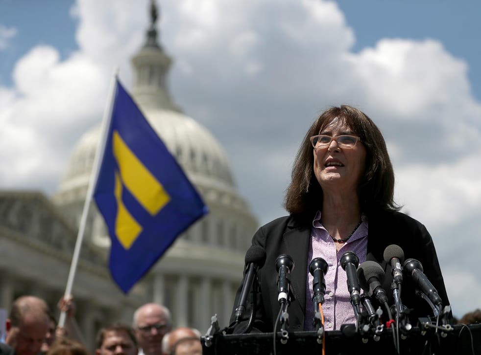 Mara Keisling, executive director of the National Center for Transgender Equality, speaks during a press conference condemning the new ban on transgendered servicemembers on 26 July 2017