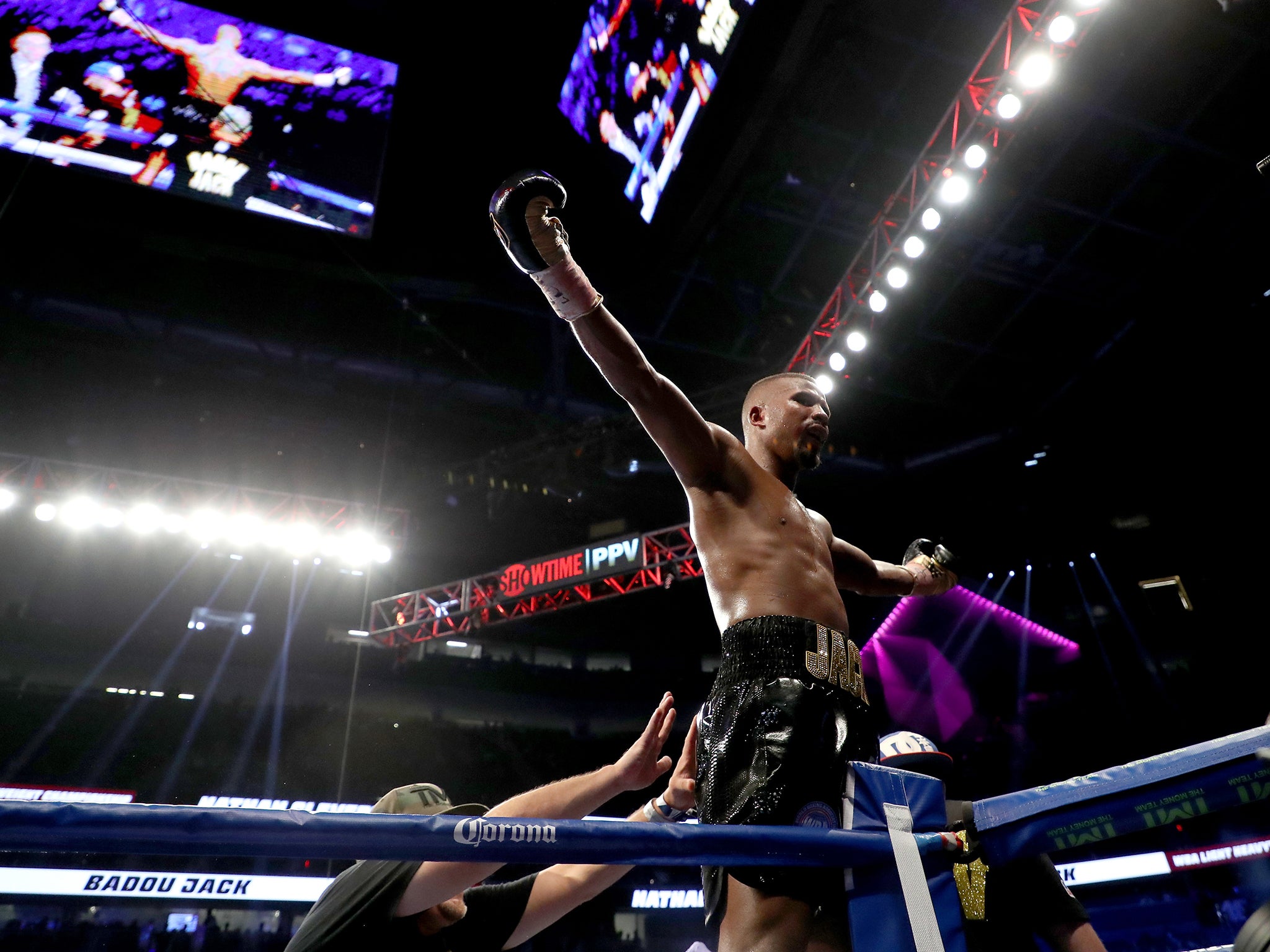 Badou Jack celebrates winning the WBA light-heavyweight title after defeating Nathan Cleverly