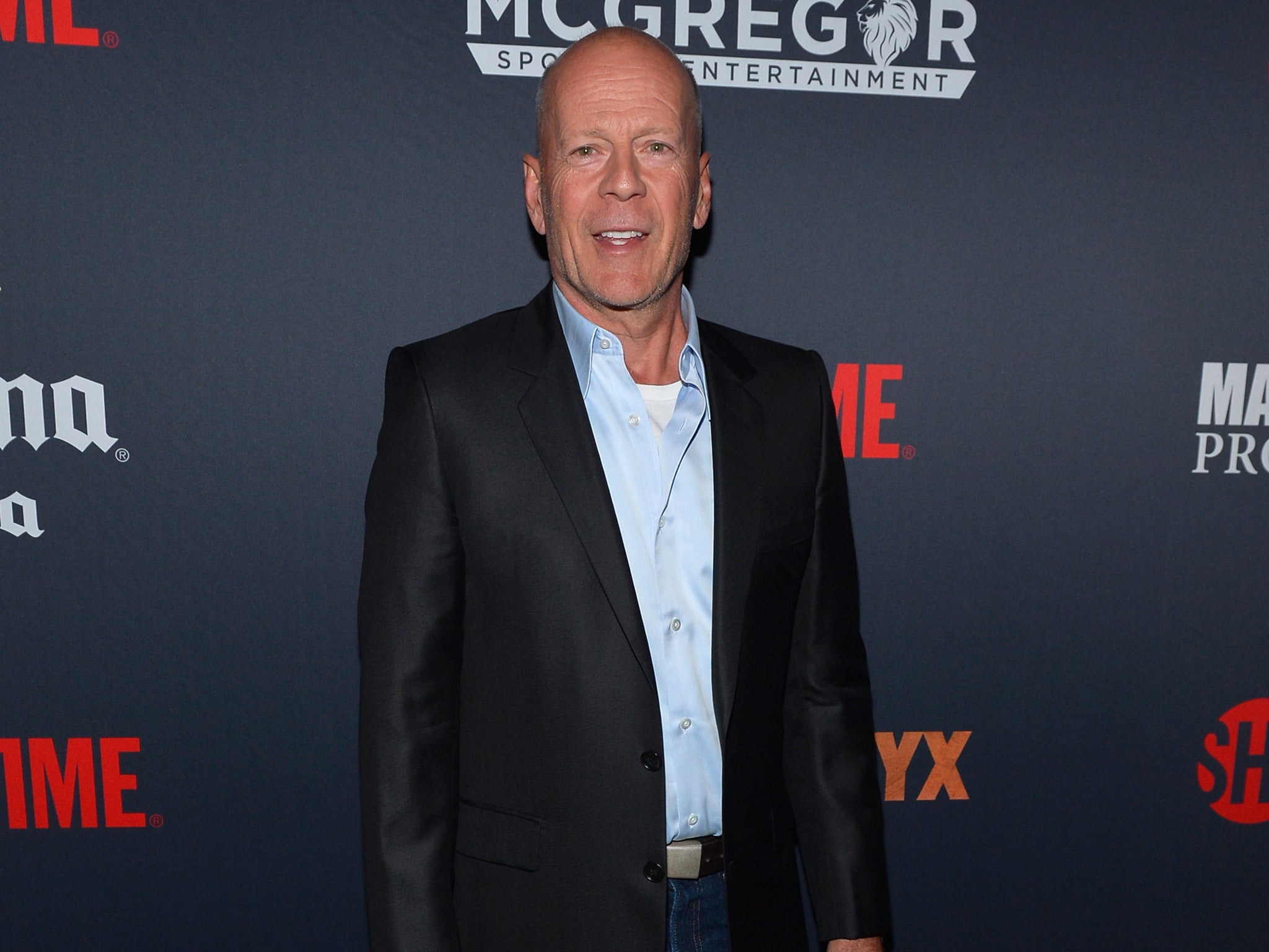 Bruce Willis arrives ahead of the fight between Conor McGregor and Floyd Mayweather