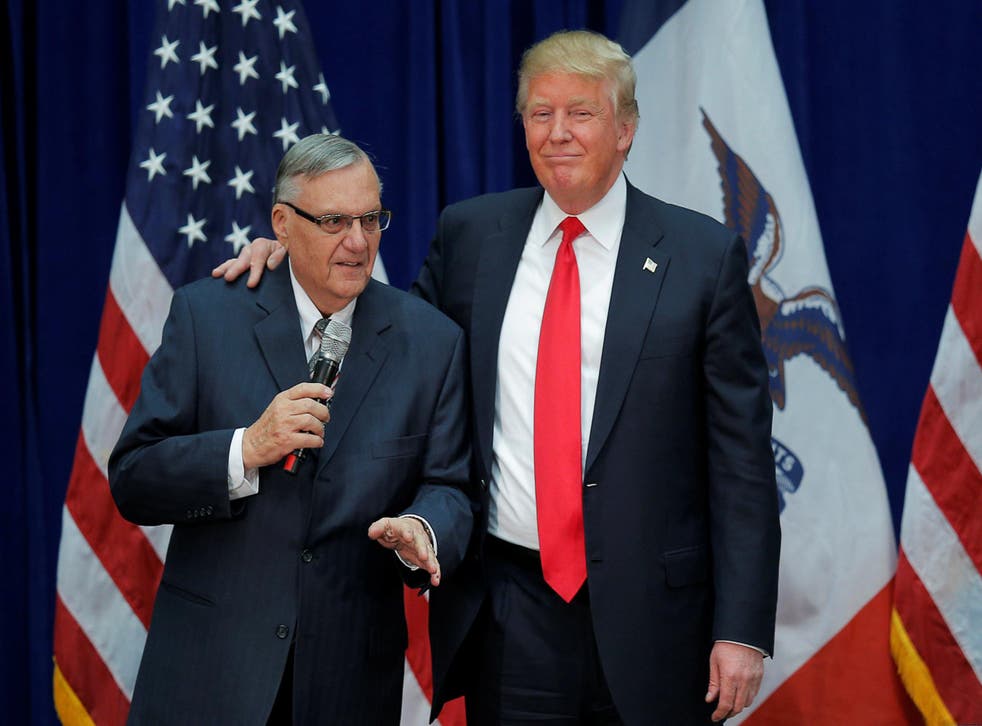 Donald Trump with Joe Arpaio at a campaign rally in Marshalltown, Iowa, in January 2016, after the former sheriff endorsed his candidacy