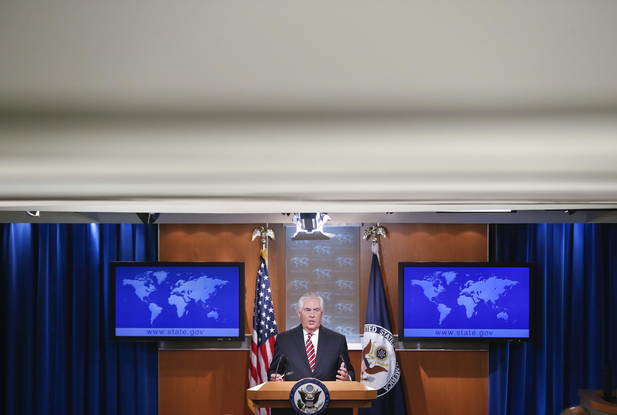 Secretary of State Rex Tillerson speaks at the State Department in Washington